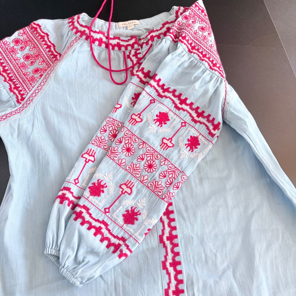 Peasant top light denim embroidered small lantern sleeves buttonup blouse women